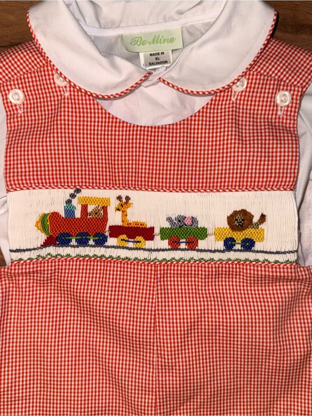 Be Mine Infant Boys Smocked 2 piece train set size 12 months gingham red romper - Picture 2 of 4